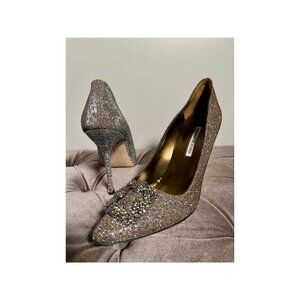 MANOLO BLAHNIK HANGISI GOLD GLITTER HEELS